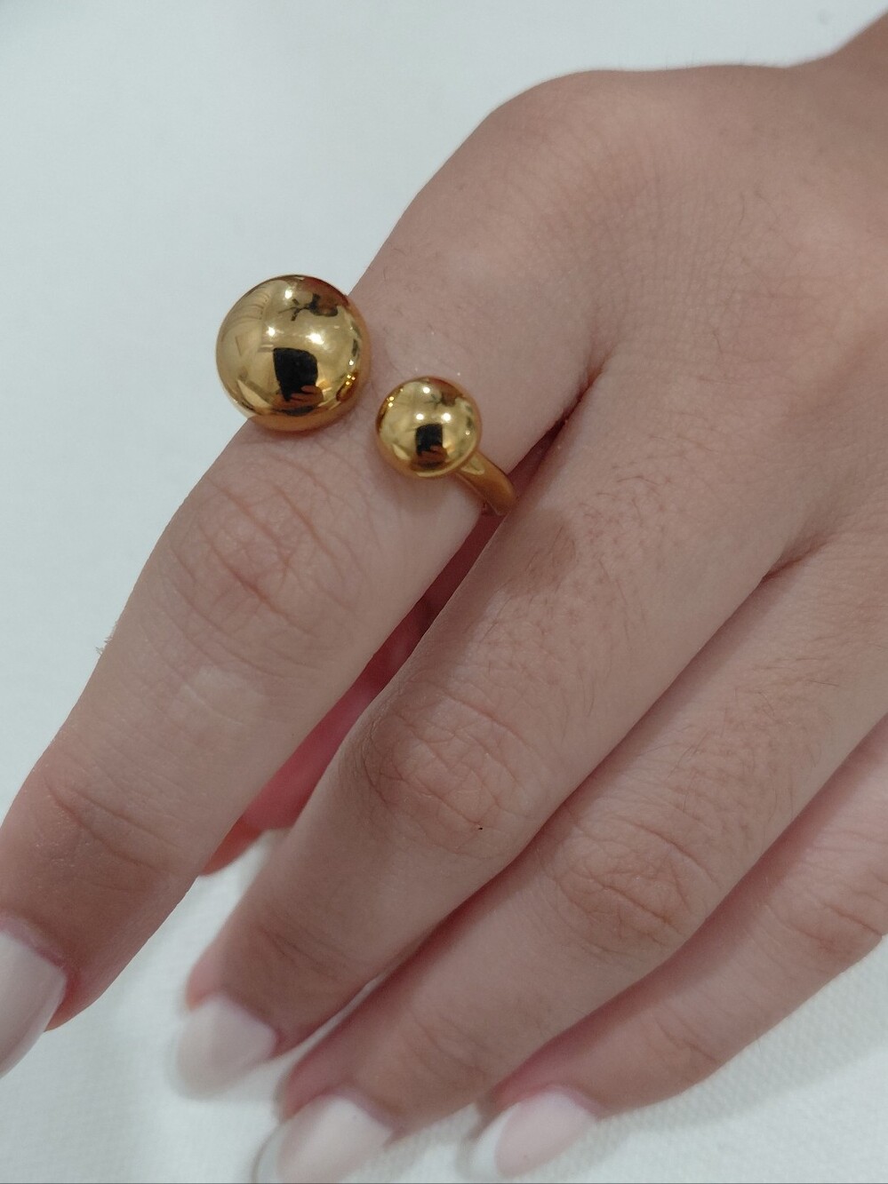 Open stainless steel ring with 18K gold plating, minimalist spherical geometric